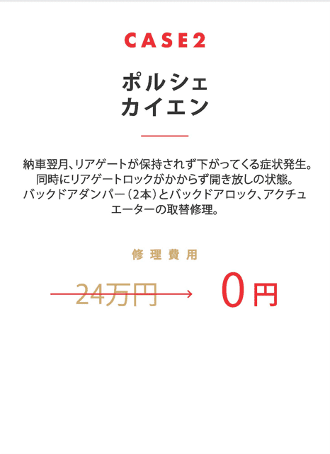 CASE2
  ポルシェ
  カイエン
  納車翌月、リアゲートが保持されず下がってくる症状発生。
  同時にリアゲートロックがかからず開き放しの状態。
  バックドアダンパー（2本）とバックドアロック、アクチュエーターの取替修理。
  修理費用　24万円→0円