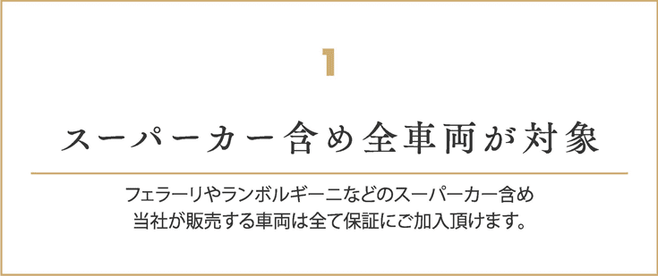 スーパーカー含め全車両が対象
    フェラーリやランボルギーニなどのスーパーカー含め
    当社が販売する車両は全て保証にご加入頂けます。
    