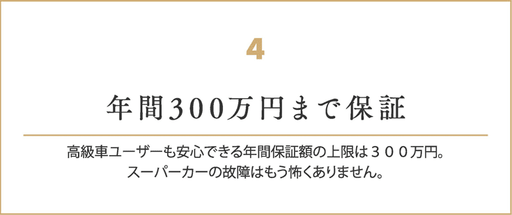 年間300万円まで保証
    高級車ユーザーも安心できる年間保証額の上限は３００万円。
    スーパーカーの故障はもう怖くありません。
    