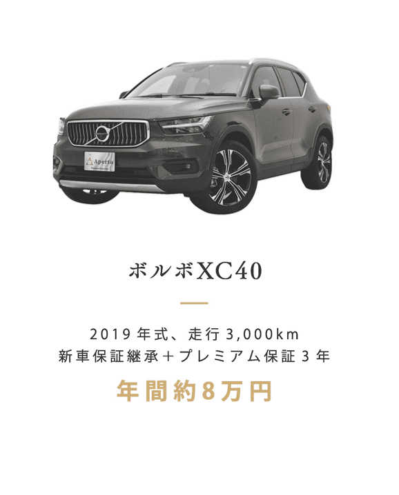 ボルボXC40
  2019年式、走行3,000km
  新車保証継承＋プレミアム保証3年
  年間約8万円
